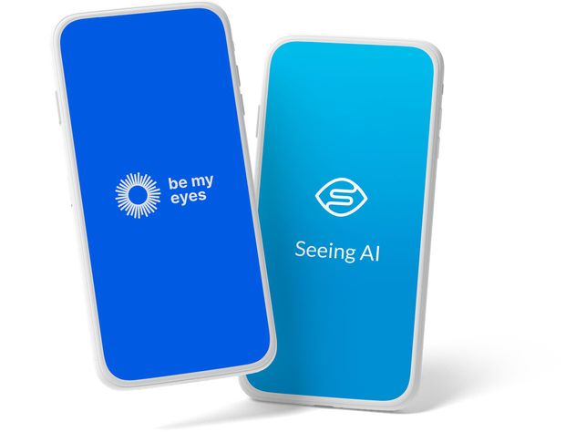 Three tilted smartphones floating against a black background, each showing the splash screen of a visual accessibility app: “Be My Eyes” on a blue background and “Seeing AI” on a gradient teal background