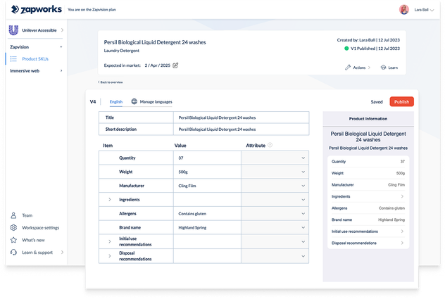 Screenshot of the Zapworks product information editor showing details for “Persil Biological Liquid Detergent 24 washes.” The screen displays editable fields like quantity, weight, manufacturer, allergens, and more, along with metadata such as expected market release date and creator info.