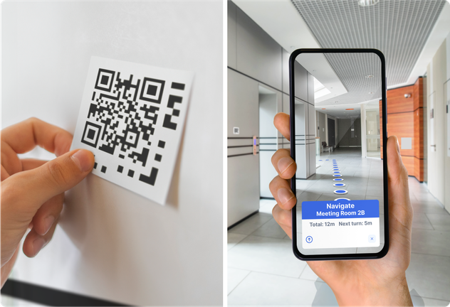 Split image: left shows a hand placing a QR code sticker on a white wall; right shows AR navigation on a smartphone guiding the user through an office hallway to Meeting Room 2B.